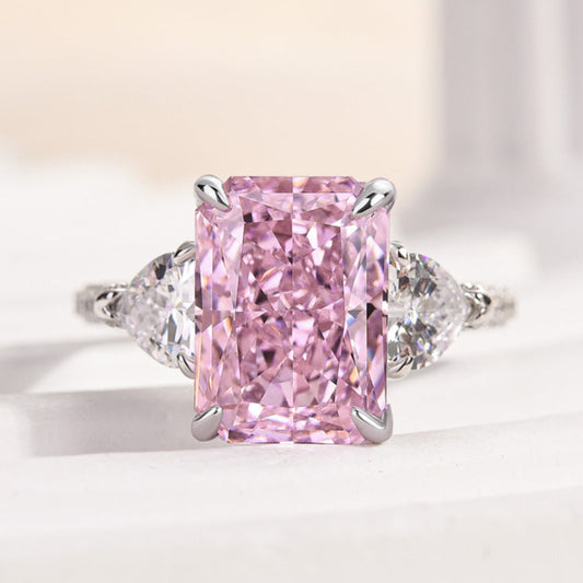 Pink Stone Radiant Cut Three Stone Engagement Ring