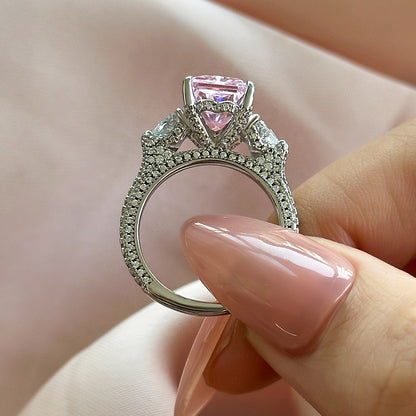 Pink Stone Radiant Cut Three Stone Engagement Ring