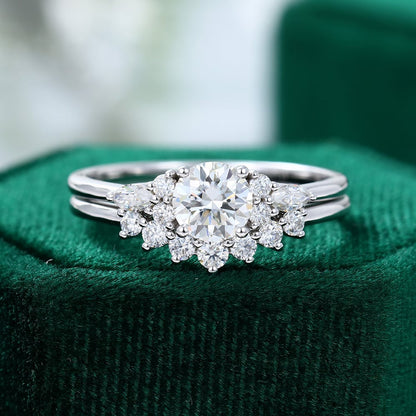 White Gold Round Cut Moissanite Engagement Ring Set