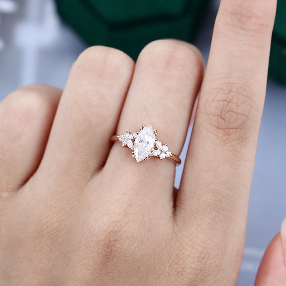 Marquise Cut Moissanite Blossom Engagement Ring Double Claws Setting