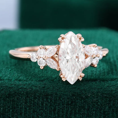 Marquise Cut Moissanite Blossom Engagement Ring Double Claws Setting