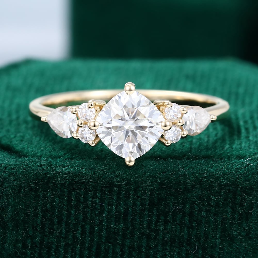 Yellow Gold Cushion Cut Moissanite Engagement Ring