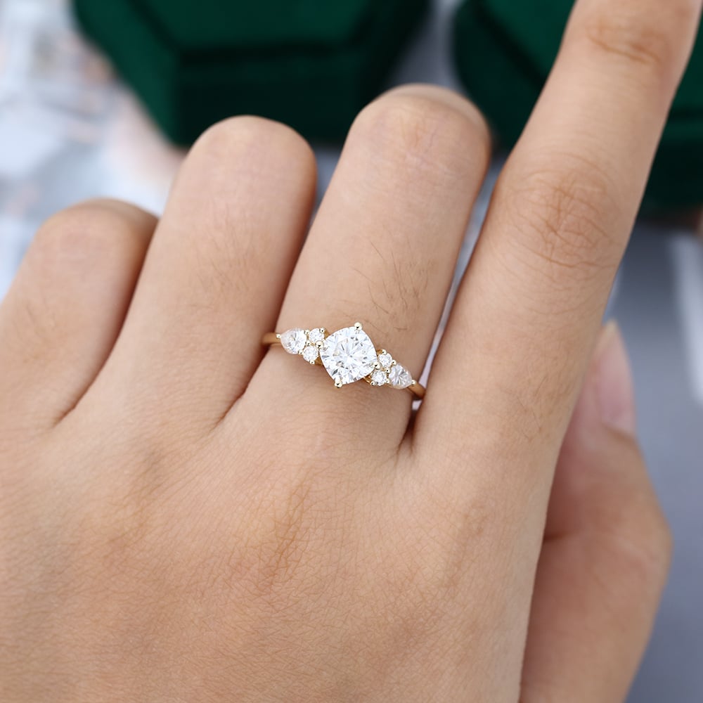 Yellow Gold Cushion Cut Moissanite Engagement Ring