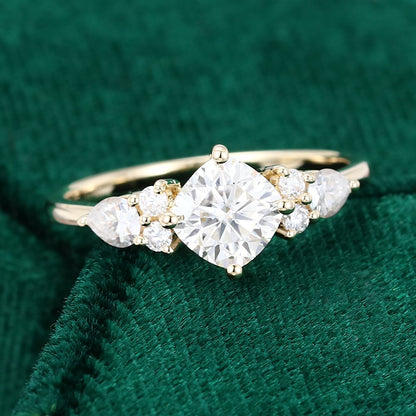 Yellow Gold Cushion Cut Moissanite Engagement Ring