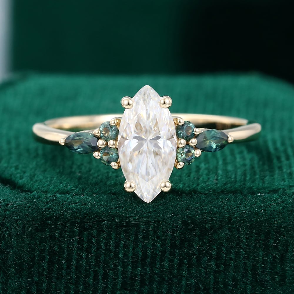 Marquise Cut Moissanite With Green Blue Sapphire Engagement Ring