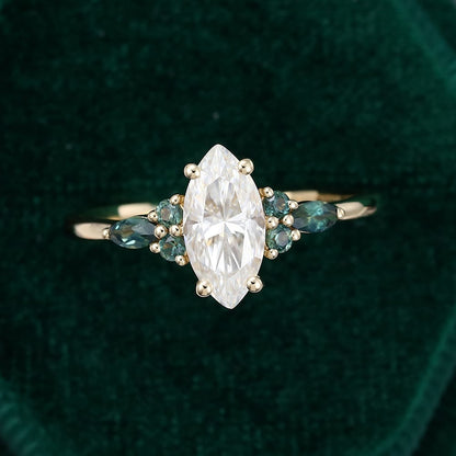 Marquise Cut Moissanite With Green Blue Sapphire Engagement Ring