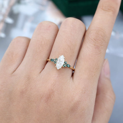 Marquise Cut Moissanite With Green Blue Sapphire Engagement Ring