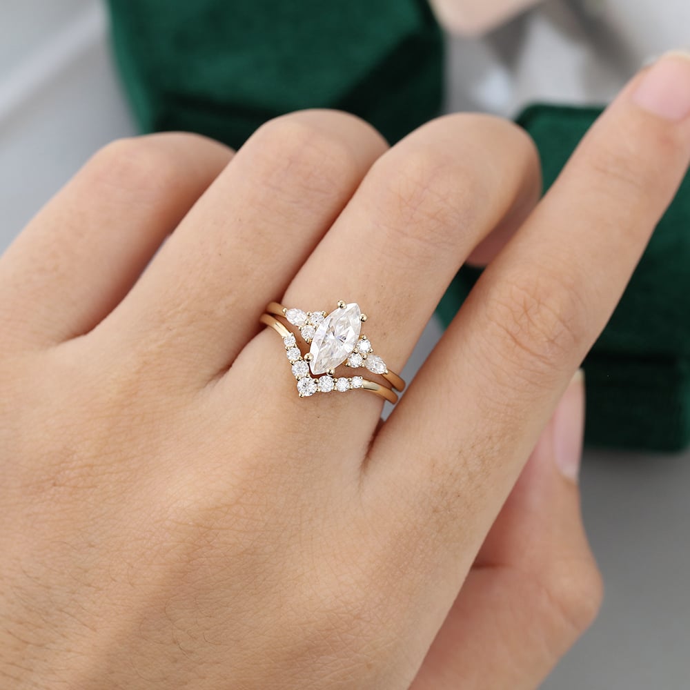 Yellow Gold Marquise Cut Moissanite Engagement Ring Set