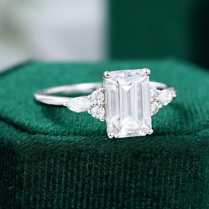 2CT Emerald Cut Moissanite Classic Side Stone Engagement Ring