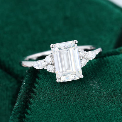 2CT Emerald Cut Moissanite Classic Side Stone Engagement Ring