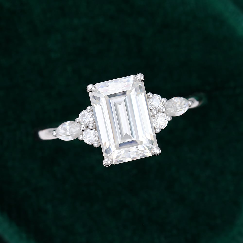 2CT Emerald Cut Moissanite Classic Side Stone Engagement Ring