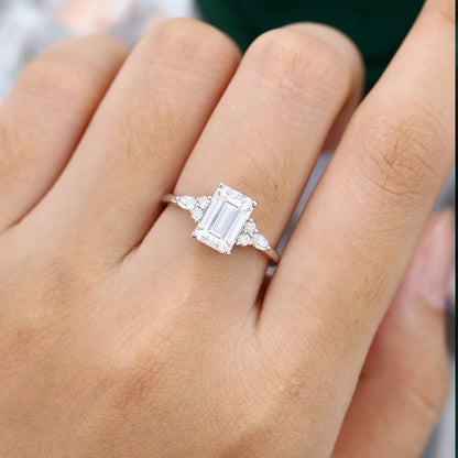 2CT Emerald Cut Moissanite Classic Side Stone Engagement Ring