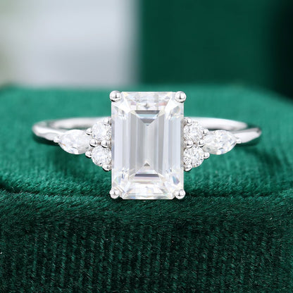 2CT Emerald Cut Moissanite Classic Side Stone Engagement Ring