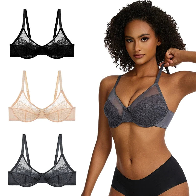 Enchante Floral Lace Unlined BreathableMesh Comfort Non-padded Full Coverage PlusSize Adjustable Straps Underwire Bra