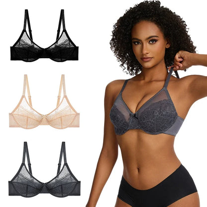 Enchante Floral Lace Unlined BreathableMesh Comfort Non-padded Full Coverage PlusSize Adjustable Straps Underwire Bra
