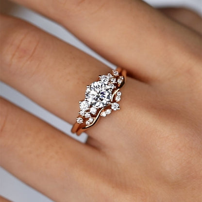 Snowdrift Round Moissanite Engagement Ring Set Cluster Bridal Ring Set