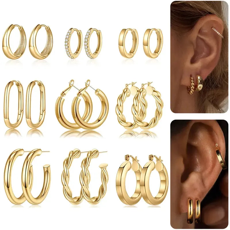 9 Pairs Chunky Hoop Earrings Set 18K Gold Plated Jewelry Gift for Women