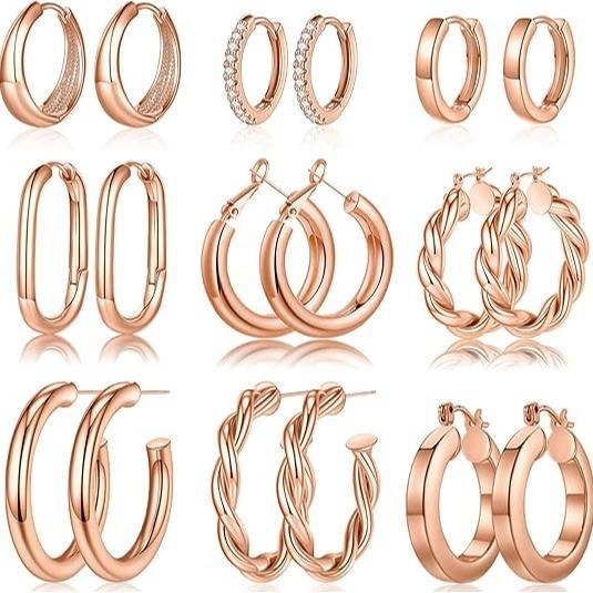9 Pairs Chunky Hoop Earrings Set 18K Gold Plated Jewelry Gift for Women