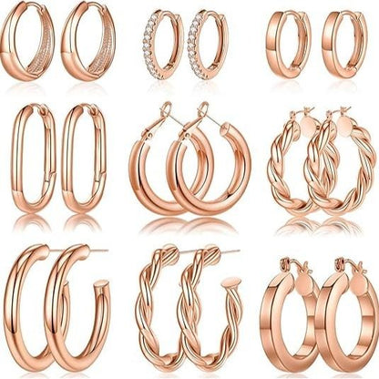 9 Pairs Chunky Hoop Earrings Set 18K Gold Plated Jewelry Gift for Women