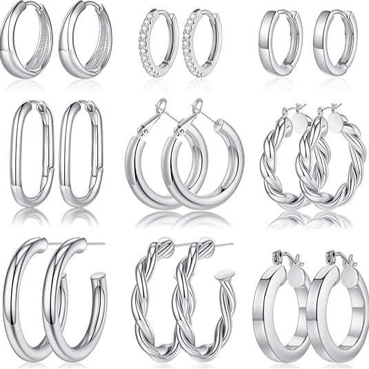 9 Pairs Chunky Hoop Earrings Set 18K Gold Plated Jewelry Gift for Women
