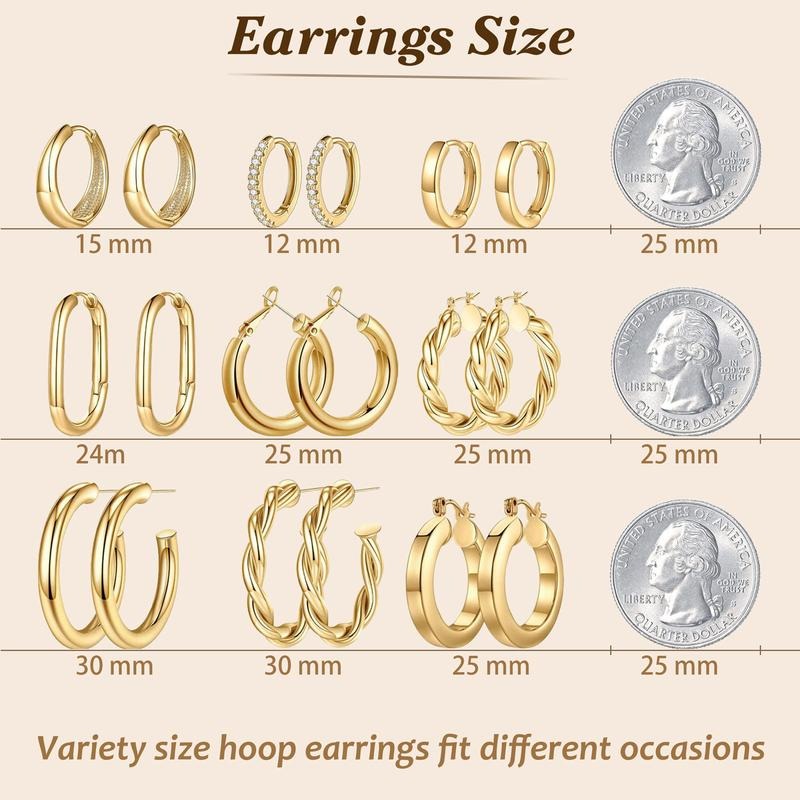 9 Pairs Chunky Hoop Earrings Set 18K Gold Plated Jewelry Gift for Women