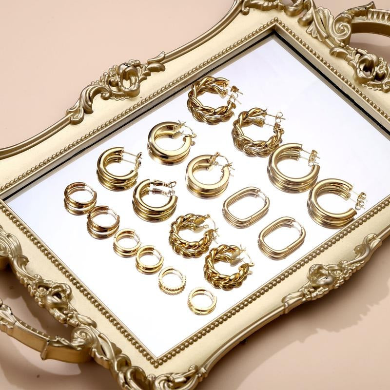 9 Pairs Chunky Hoop Earrings Set 18K Gold Plated Jewelry Gift for Women