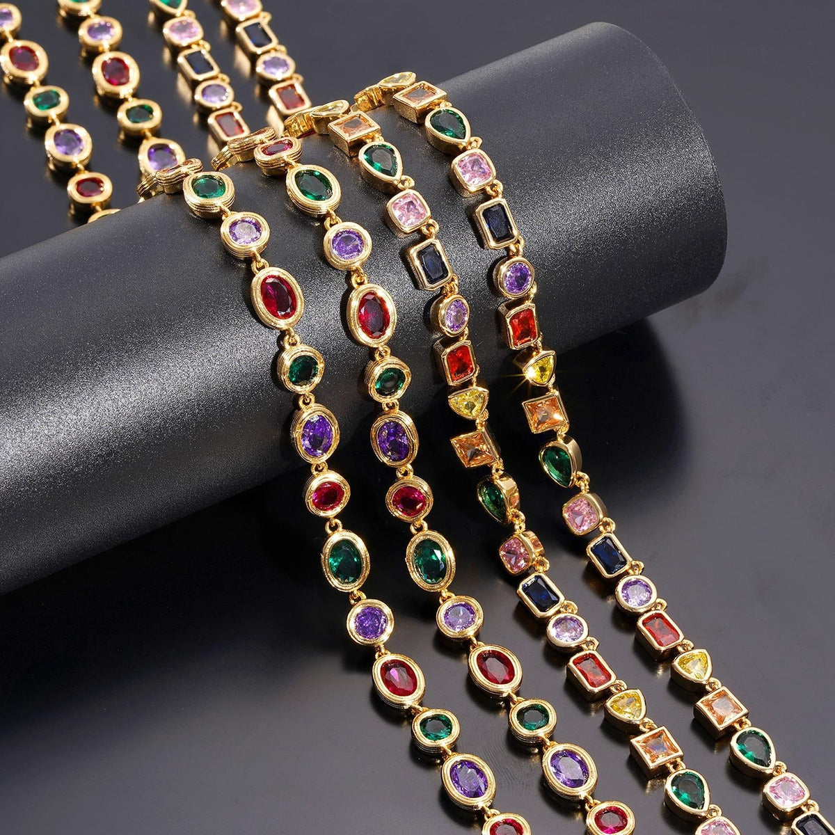 Gold-Plated Rainbow Tennis Necklace: Unisex Chain Featuring Colorful Zirconia and Emeralds