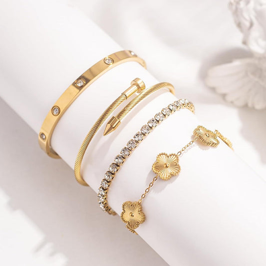 Lucky Layers: 4-Piece Gold Plated Stacking Bracelet Set