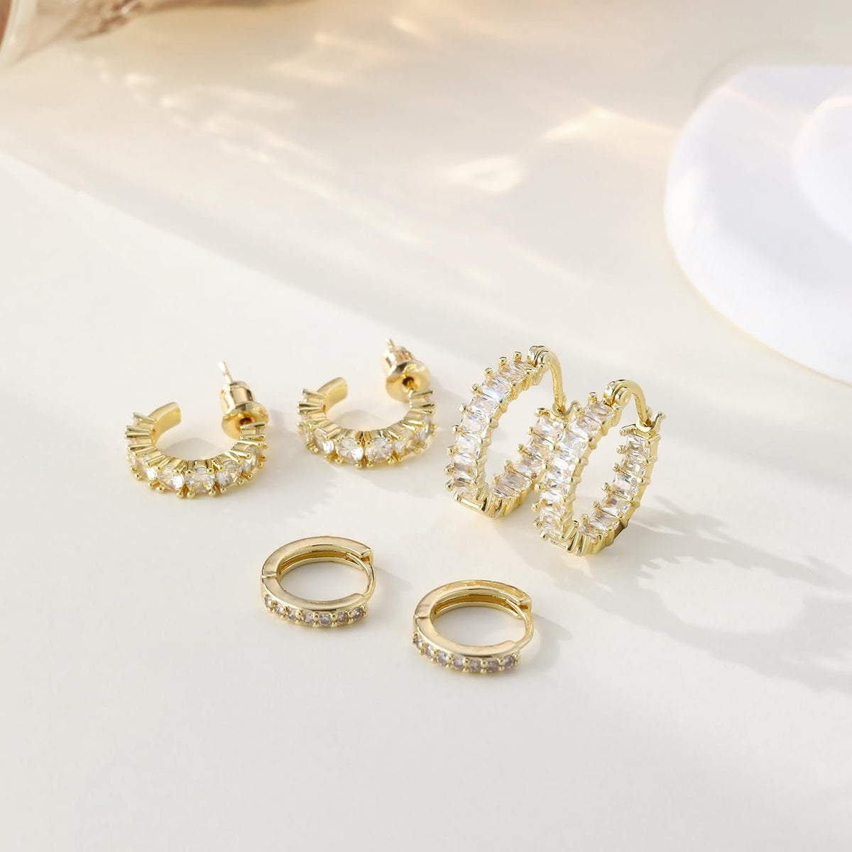 Exquisite 3-Piece Earring Set CZ Sparkle & Gold Hoops