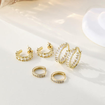 Exquisite 3-Piece Earring Set CZ Sparkle & Gold Hoops