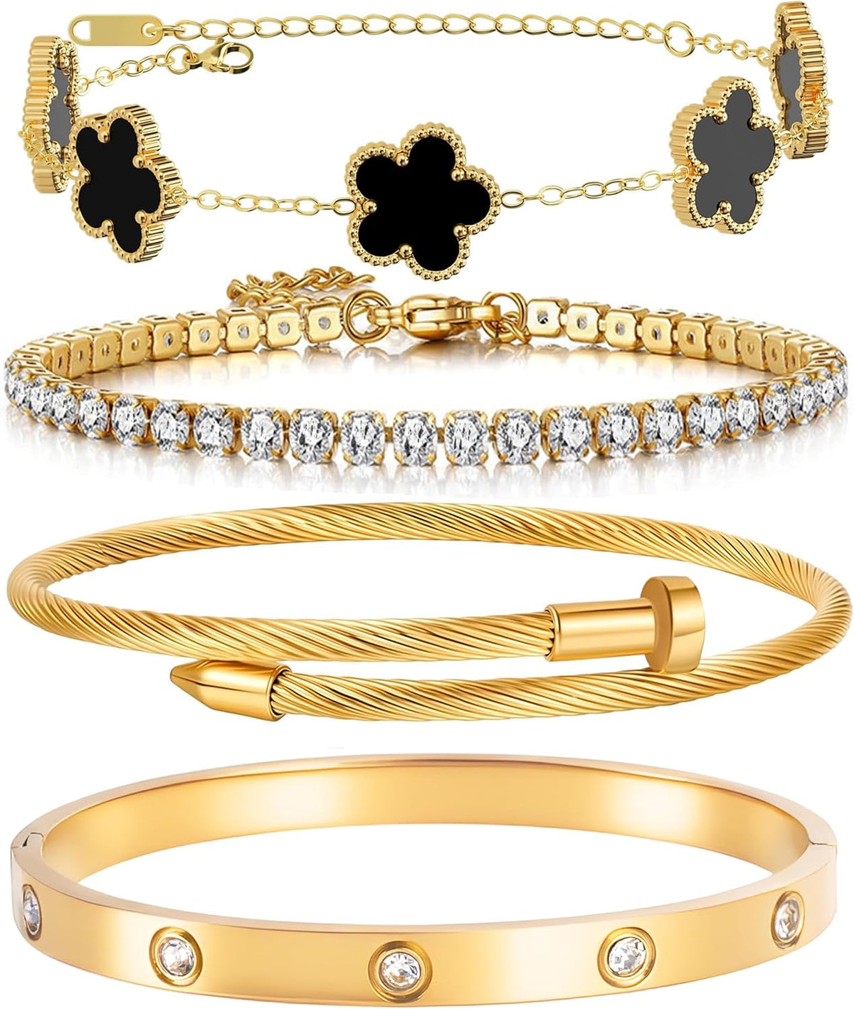 Lucky Layers: 4-Piece Gold Plated Stacking Bracelet Set