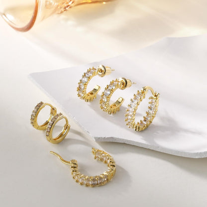Exquisite 3-Piece Earring Set CZ Sparkle & Gold Hoops